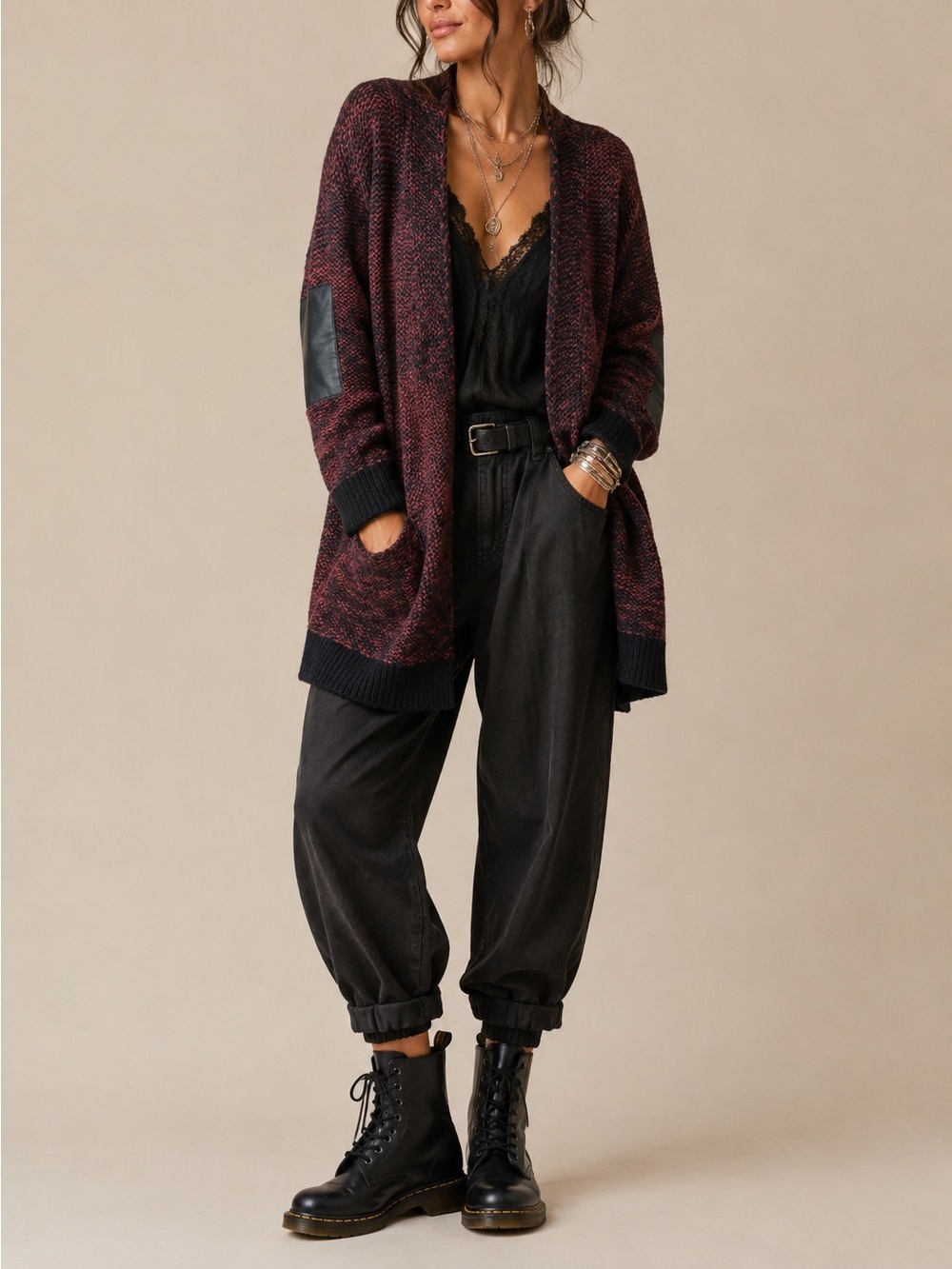 RD Style Maroon & Black Open Drape Cardigan Leather Patch Elbows